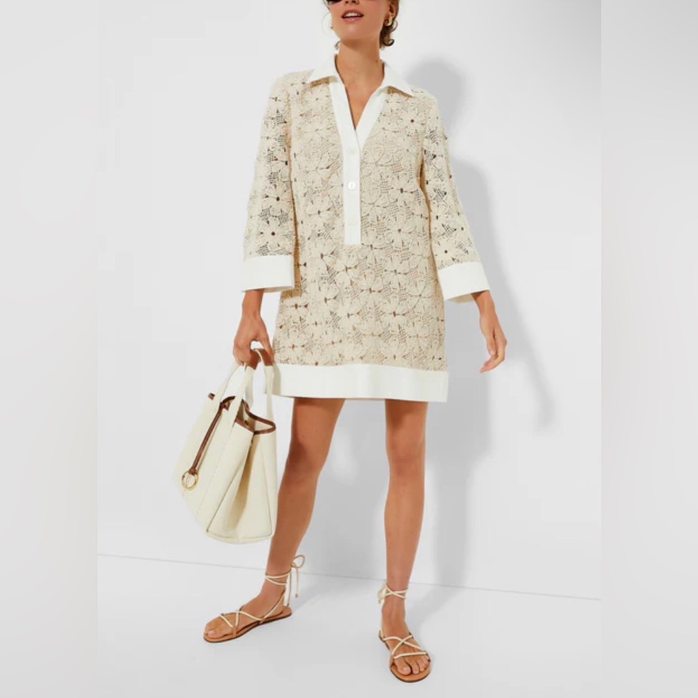 TUCKERNUCK Tan Crochet Floral Knit Collier Chloe Style Dress- women’s small